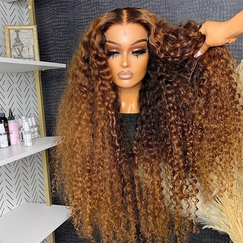 ZSFOQQ Honey Blonde #27 Highlight Curly Human Hair Wigs Lace Front Wig.