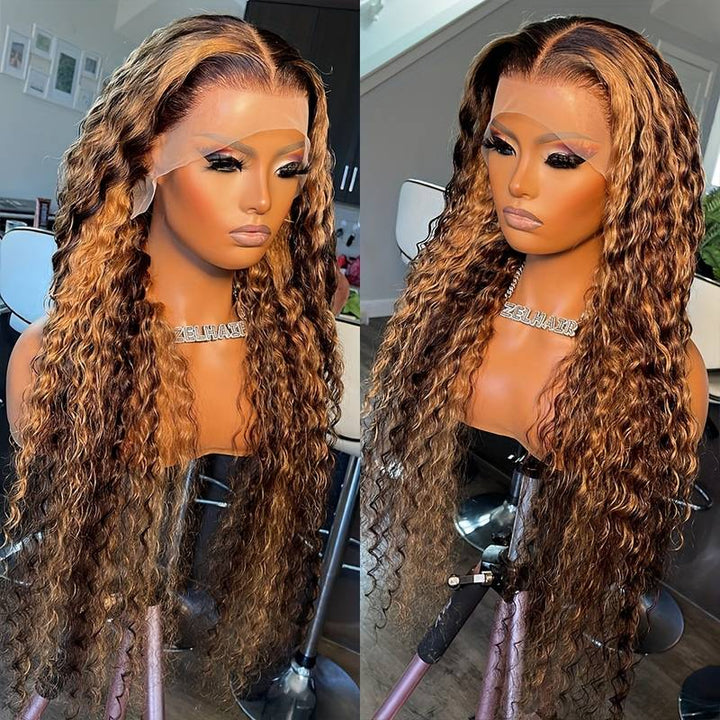 ZSFOQQ Honey Blonde #27 Highlight Curly Human Hair Wigs Lace Front Wig.