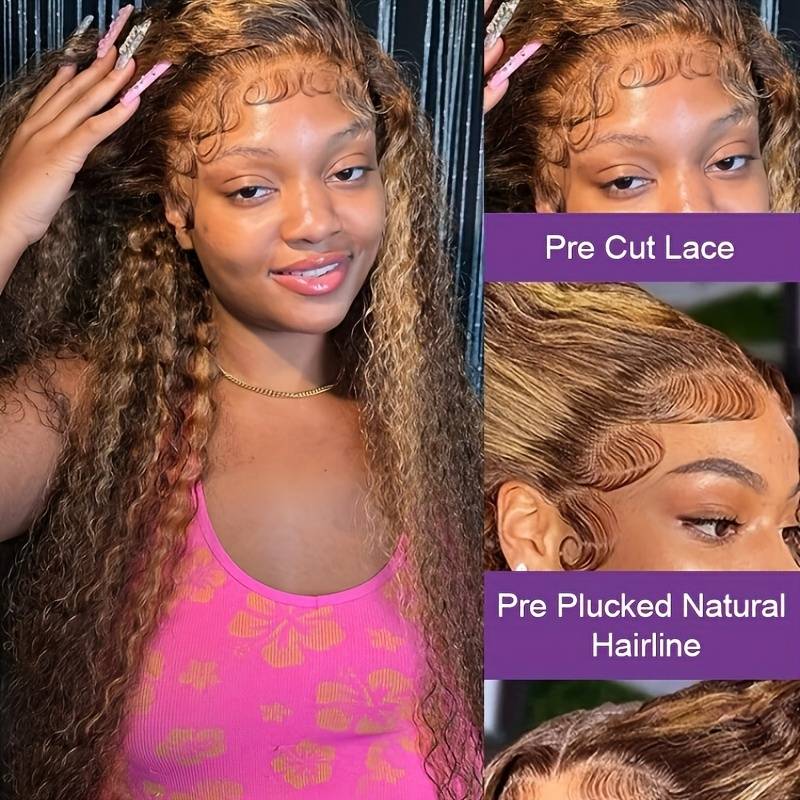 ZSFOQQ Honey Blonde #27 Highlight Curly Human Hair Wigs Lace Front Wig.