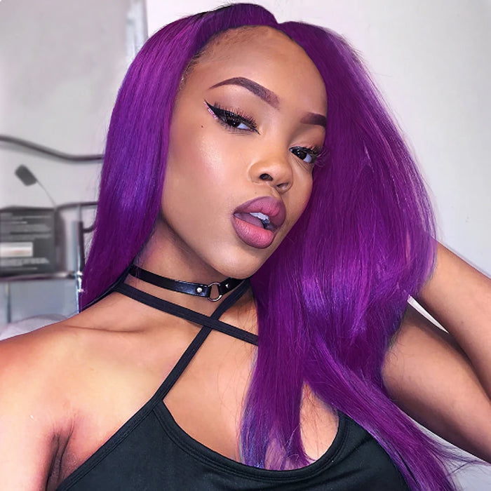 ZSFOQQ Purple 13x4 Front Lace Wig Straight Body Wave Lace Front Brazilian 200% Density Human Hair Wig