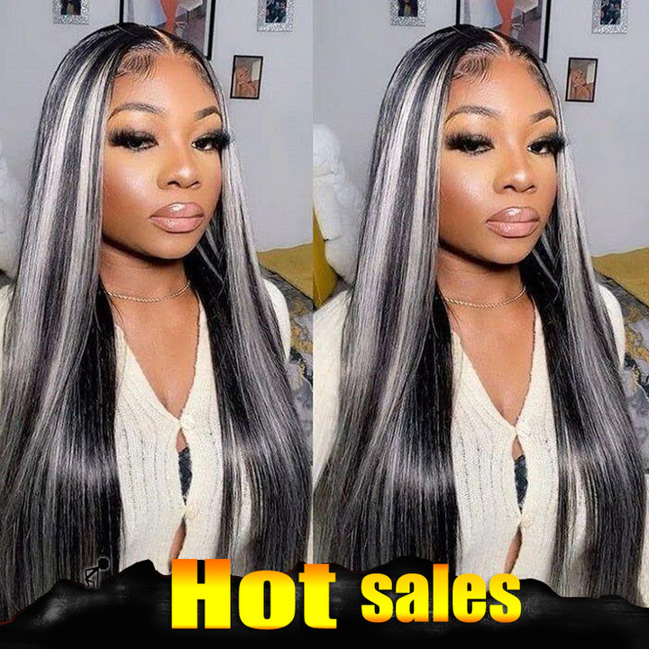 ZSFOQQ Platinum Gray Highlight 13x4/5x5 HD Lace Wig Straight Hair Black With Blond Highlights Lace Front Wig Plucked Natural Hairline With Baby Hair