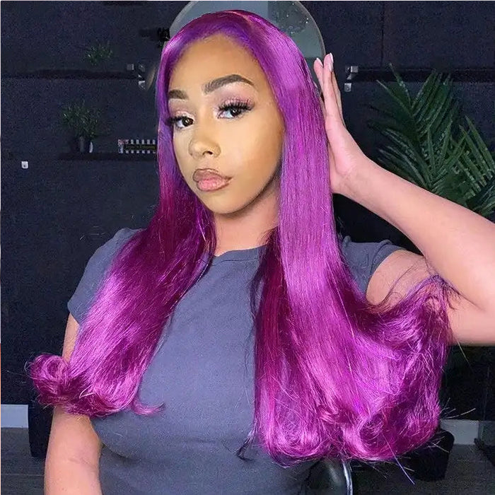 ZSFOQQ Purple 13x4 Front Lace Wig Straight Body Wave Lace Front Brazilian 200% Density Human Hair Wig