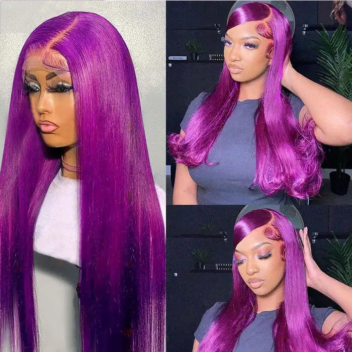 ZSFOQQ Purple 13x4 Front Lace Wig Straight Body Wave Lace Front Brazilian 200% Density Human Hair Wig