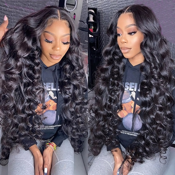 ZSFOQQ Hair Loose Wave 13*4 Transparent Lace Frontal Wig Unprocessed Human Virgin Hair Wigs Natural Black.