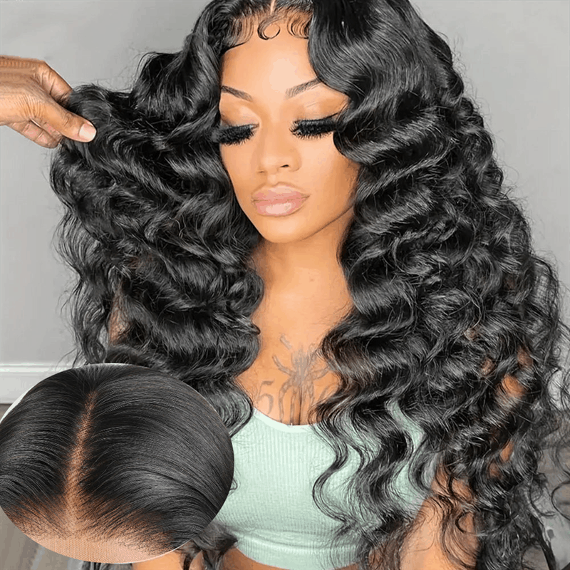 ZSFOQQ Hair Loose Wave 13*4 Transparent Lace Frontal Wig Unprocessed Human Virgin Hair Wigs Natural Black.