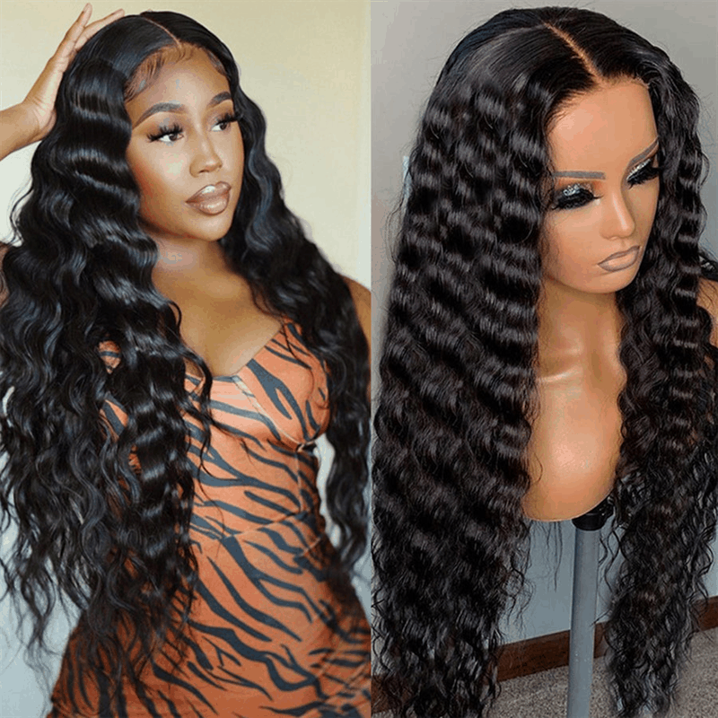 ZSFOQQ Hair Loose Wave 13*4 Transparent Lace Frontal Wig Unprocessed Human Virgin Hair Wigs Natural Black.