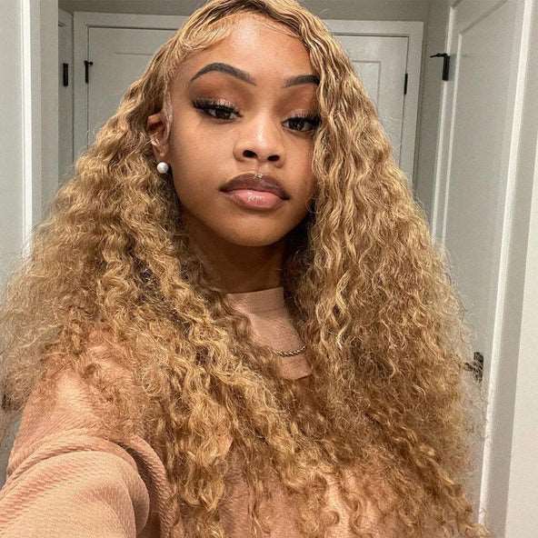 ZSFOQQ Hair #27 Honey Blonde Water Wave Wig 13×4 HD Lace Frontal / 5x5 Lace Closure Human Hair Wig