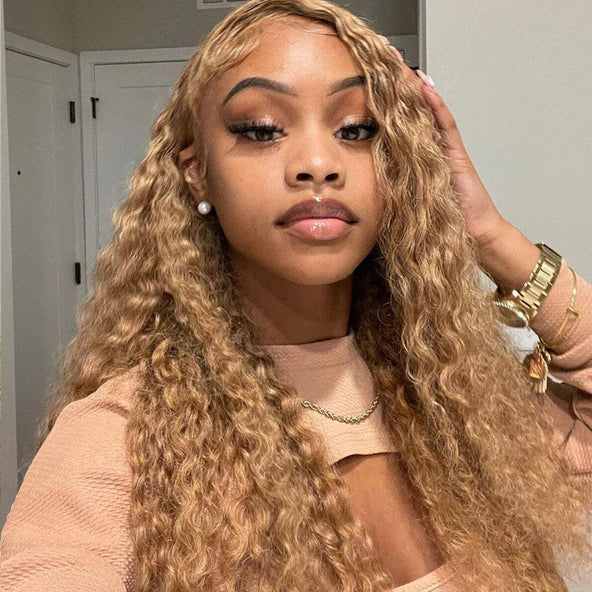 ZSFOQQ Hair #27 Honey Blonde Water Wave Wig 13×4 HD Lace Frontal / 5x5 Lace Closure Human Hair Wig