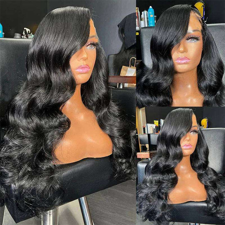 ZSFOQQ Hair Body Wave 13*4 Transparent Lace Frontal Wig Unprocessed Human Virgin Hair 1Piece Natural Black.