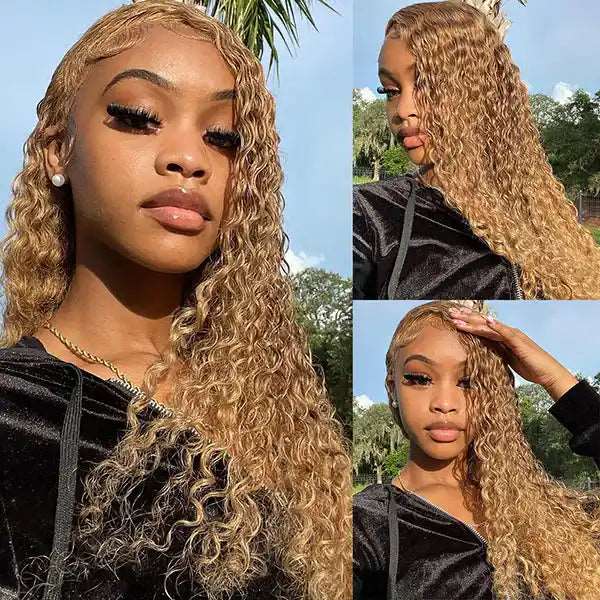 ZSFOQQ Hair #27 Honey Blonde Water Wave Wig 13×4 HD Lace Frontal / 5x5 Lace Closure Human Hair Wig