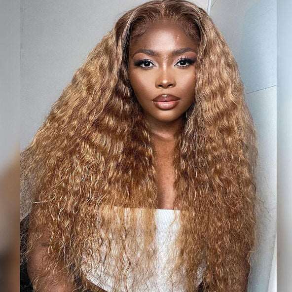 ZSFOQQ Hair #27 Honey Blonde Water Wave Wig 13×4 HD Lace Frontal / 5x5 Lace Closure Human Hair Wig