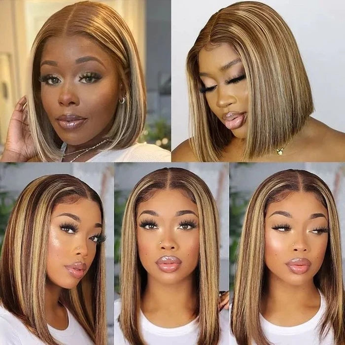 ZSFOQQ Short Highlight Straight Bob Wig Human Hair Lace Wigs Natural Hairline.