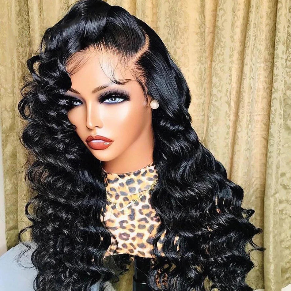 ZSFOQQ Hair Loose Wave 13*6 Transparent Lace Frontal Wig Unprocessed Human Virgin Hair Natural Black.