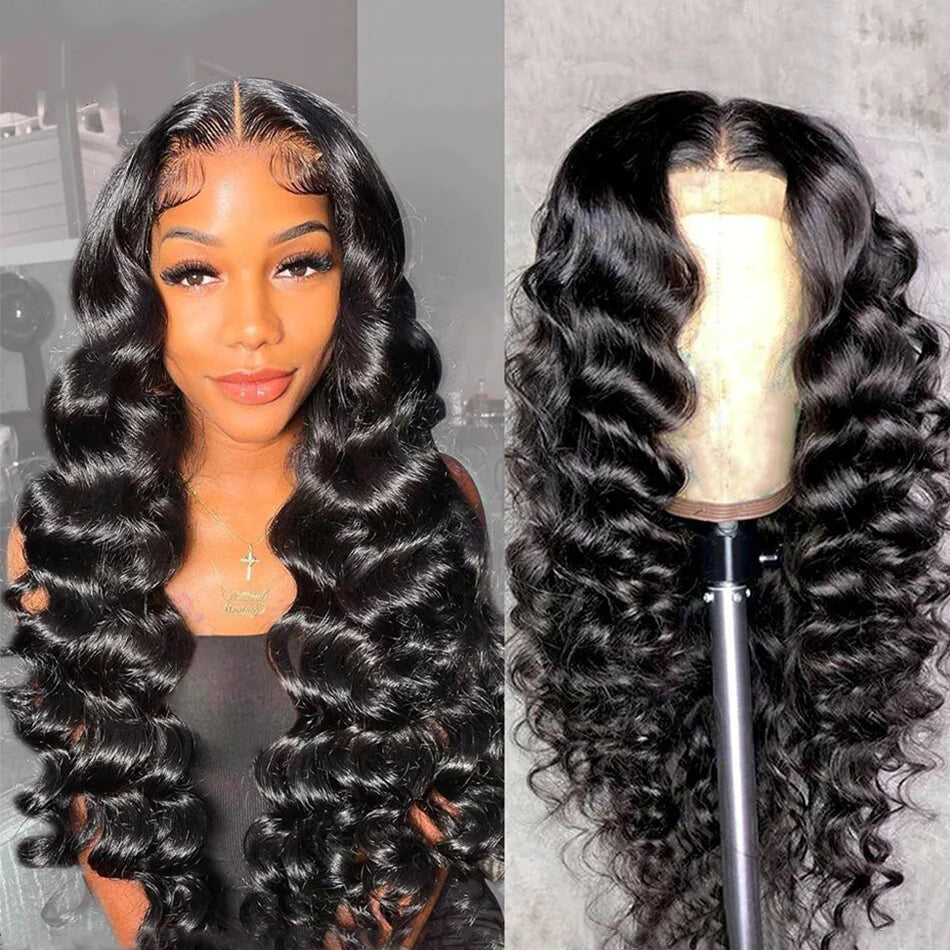 ZSFOQQ Hair Loose Wave 13*6 Transparent Lace Frontal Wig Unprocessed Human Virgin Hair Natural Black.