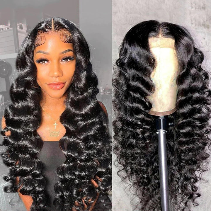 ZSFOQQ Hair Loose Wave 13*6 Transparent Lace Frontal Wig Unprocessed Human Virgin Hair Natural Black.