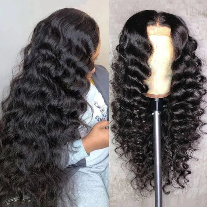 ZSFOQQ Hair Loose Wave 13*6 Transparent Lace Frontal Wig Unprocessed Human Virgin Hair Natural Black.