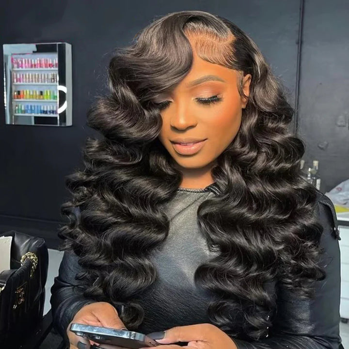 ZSFOQQ Hair Loose Wave 13*6 Transparent Lace Frontal Wig Unprocessed Human Virgin Hair Natural Black.