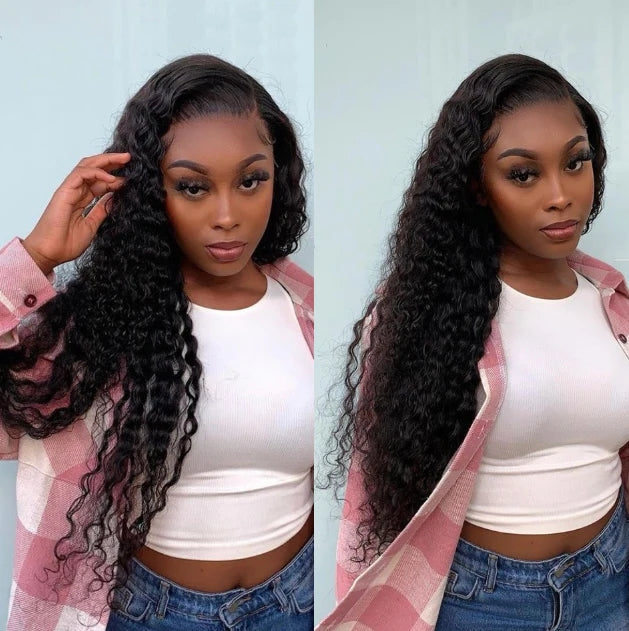 ZSFOQQ Hair Water Wave 13*6 Transparent Lace Frontal Wig Unprocessed Human Virgin Hair Natural Black.