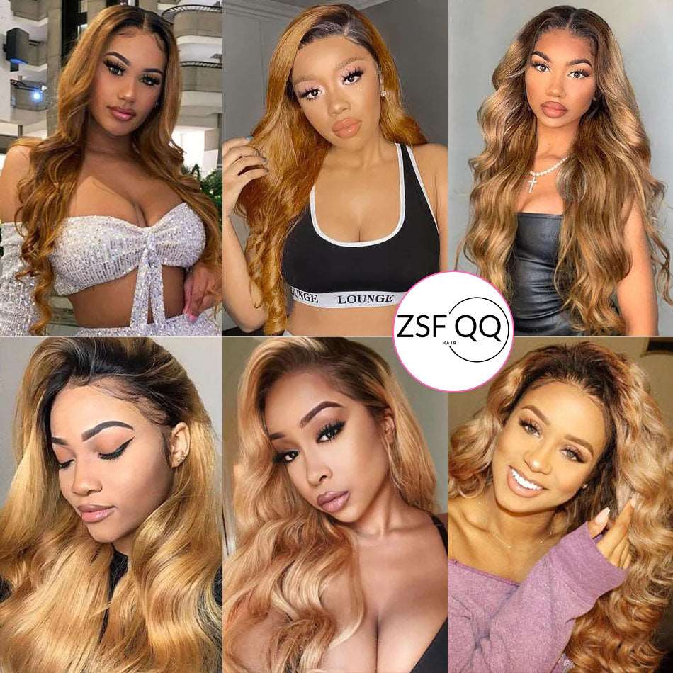 ZSFOQQ Hair 1B 27# Ombre Lace Wig Body Wave 5*5/13*4 Lace Colored Human Virgin Hair One Piece.