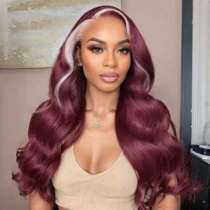 ZSFOQQ Hair 13x4 Lace Frontal Skunk Stripe Wig #613/99J Burgundy Color Highlight Body Wave Wig