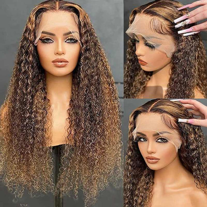 ZSFOQQ Honey Blonde Highlights #4/27 Colored Curly HD Lace 100% Virgin Human Hair Wigs.