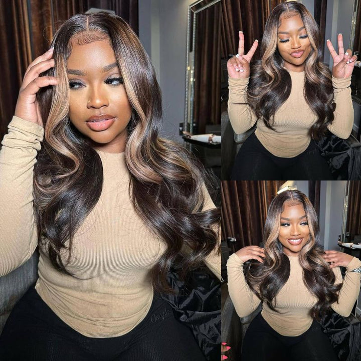 ZSFOQQ Money Piece Brown Body Wave HD Transparent Lace Front Wigs Glueless Skunk Stripe Color Human Hair Wigs