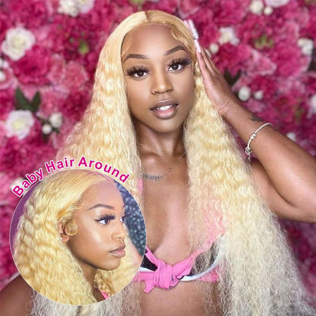 ZSFOQQ 613 Blonde Jerry Curly 13x4 Lace Wig Virgin Human Hair Wigs Pre-Plucked Hairline.