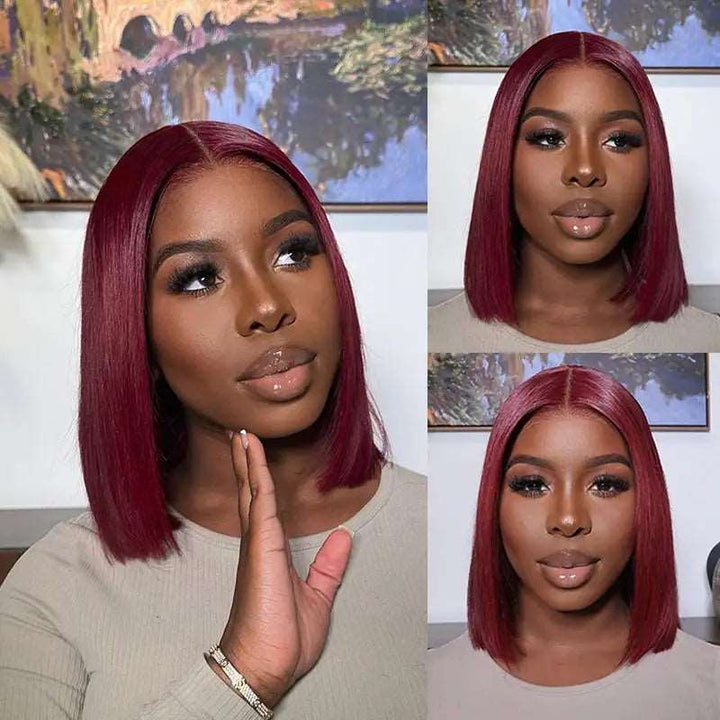 ZSFOQQ Hair 99J Burgundy Colored Short Bob 13x4 4x4 Lace Frontal Closure Human Hair Wigs 180% Density