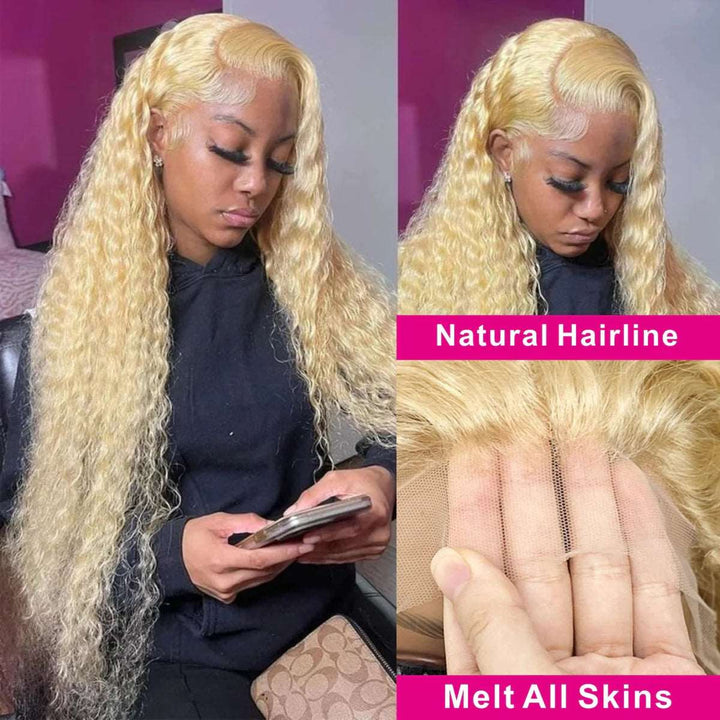 ZSFOQQ 613 Blonde Jerry Curly 13x4 Lace Wig Virgin Human Hair Wigs Pre-Plucked Hairline.