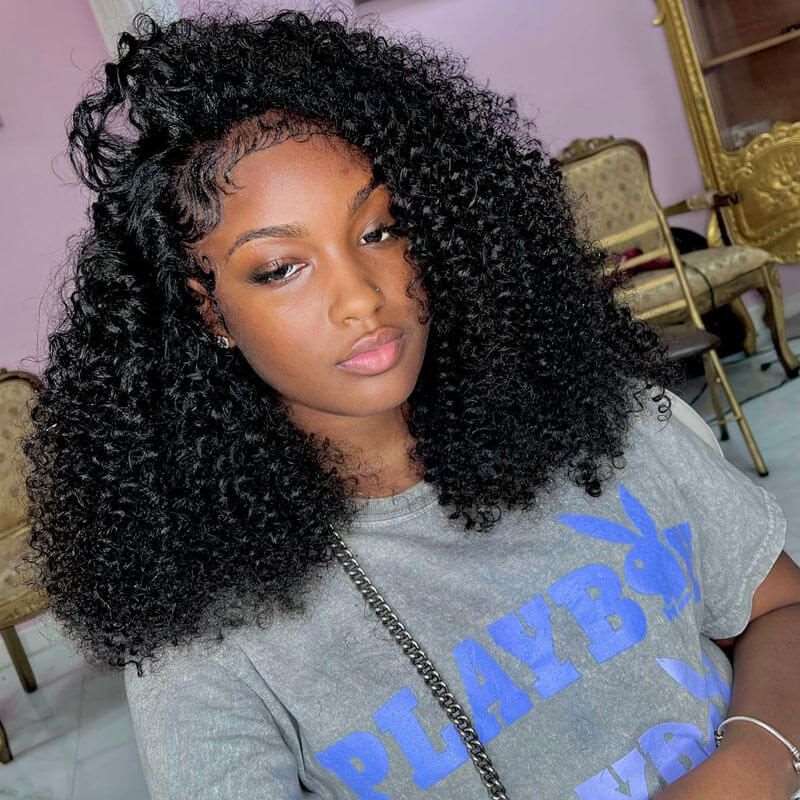 ZSFOQQ Hair Jerry Curly 13*4 Transparent Lace Frontal Wig Unprocessed Human Virgin Hair Wig Natural Black.