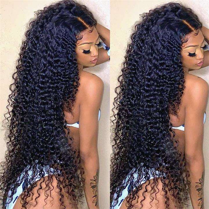 ZSFOQQ Hair Jerry Curly 13*4 Transparent Lace Frontal Wig Unprocessed Human Virgin Hair Wig Natural Black.