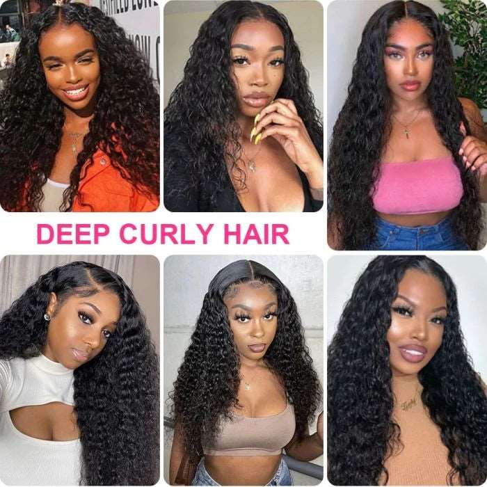 ZSFOQQ Hair Deep Curly 13*4 Transparent Lace Frontal Wig Unprocessed Human Virgin Hair Natural Black.