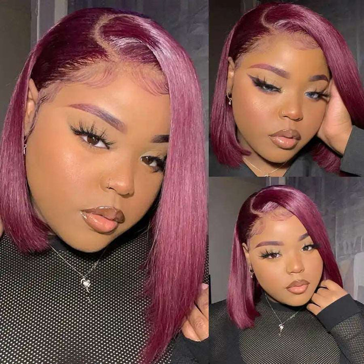 ZSFOQQ Hair 99J Burgundy Colored Short Bob 13x4 4x4 Lace Frontal Closure Human Hair Wigs 180% Density