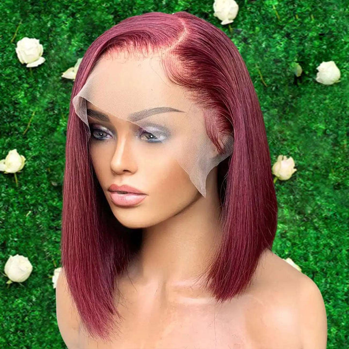 ZSFOQQ Hair 99J Burgundy Colored Short Bob 13x4 4x4 Lace Frontal Closure Human Hair Wigs 180% Density