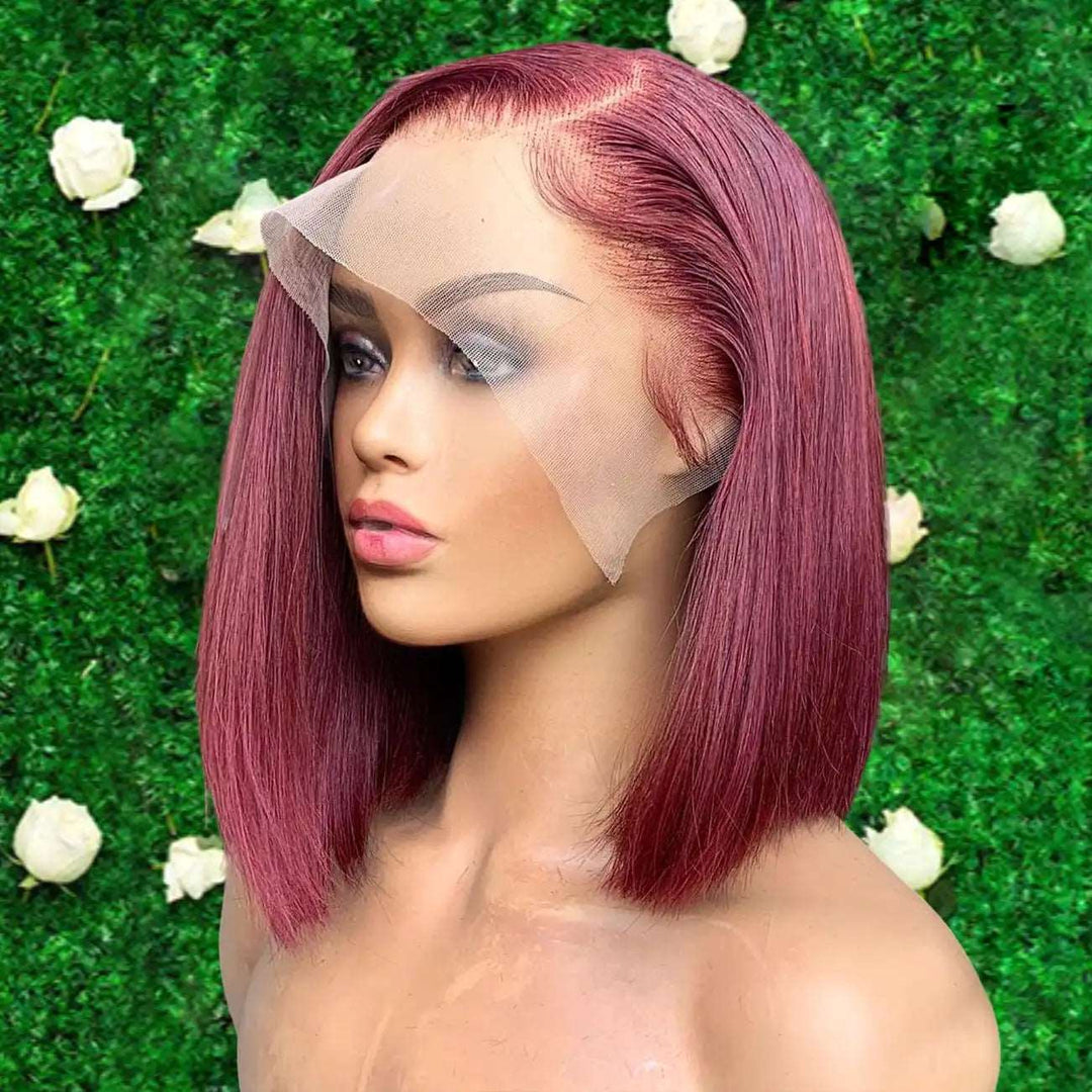 ZSFOQQ Hair 99J Burgundy Colored Short Bob 13x4 4x4 Lace Frontal Closure Human Hair Wigs 180% Density