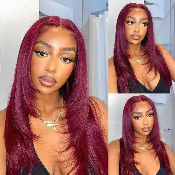 ZSFOQQ Hair 99J Layered Straight Wig Burgundy Color Layered Human Hair Lace Front Wigs