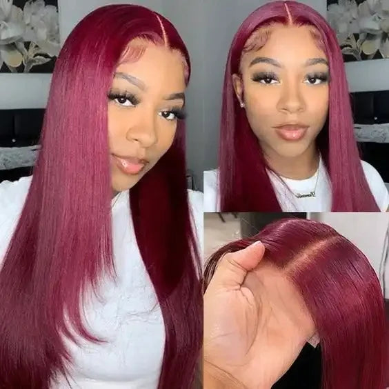 ZSFOQQ Hair 99J Layered Straight Wig Burgundy Color Layered Human Hair Lace Front Wigs