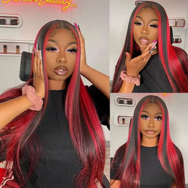 ZSFOQQ Hair 99J Burgundy with Red Highlight Piano Color Straight Hair 13×4 HD Lace Frontal Wig