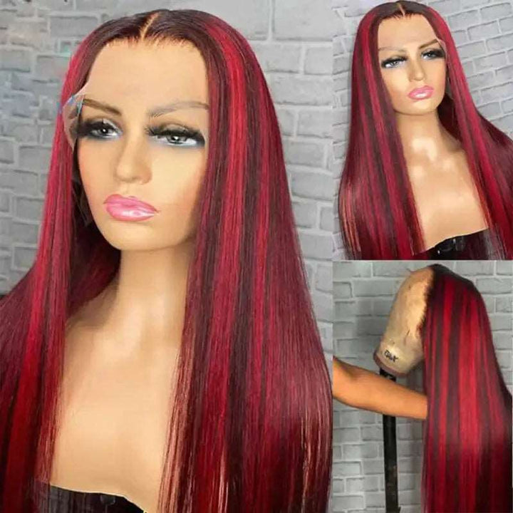 ZSFOQQ Hair 99J Burgundy with Red Highlight Piano Color Straight Hair 13×4 HD Lace Frontal Wig