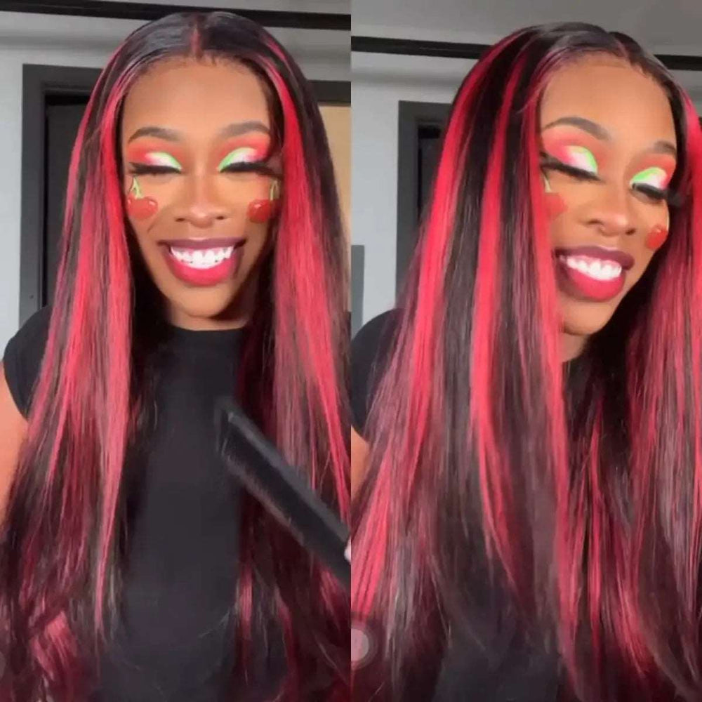 ZSFOQQ Hair 99J Burgundy with Red Highlight Piano Color Straight Hair 13×4 HD Lace Frontal Wig