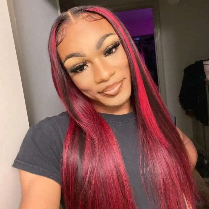 ZSFOQQ Hair 99J Burgundy with Red Highlight Piano Color Straight Hair 13×4 HD Lace Frontal Wig