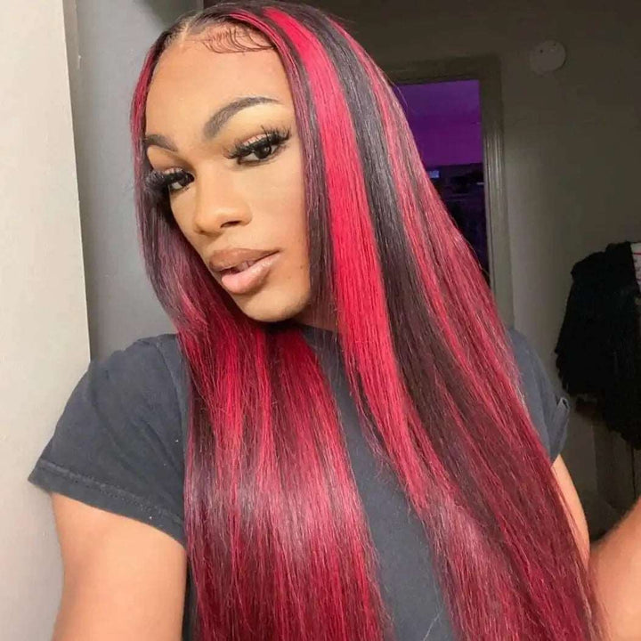 ZSFOQQ Hair 99J Burgundy with Red Highlight Piano Color Straight Hair 13×4 HD Lace Frontal Wig