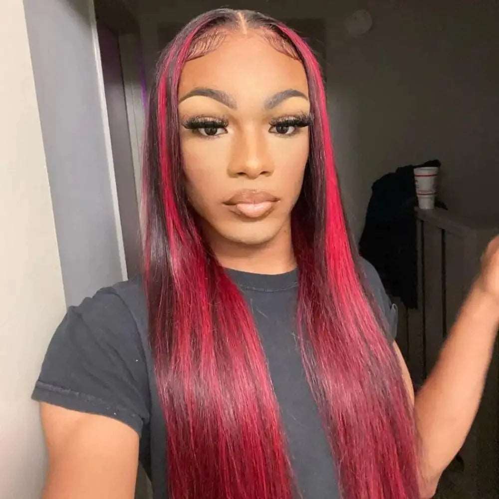 ZSFOQQ Hair 99J Burgundy with Red Highlight Piano Color Straight Hair 13×4 HD Lace Frontal Wig