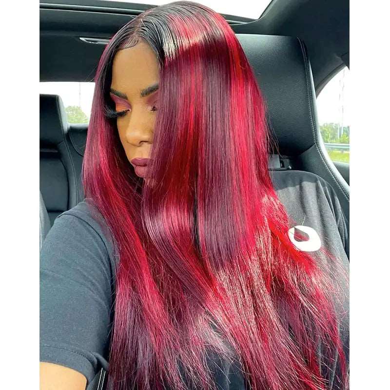 ZSFOQQ Hair 99J Burgundy with Red Highlight Piano Color Straight Hair 13×4 HD Lace Frontal Wig