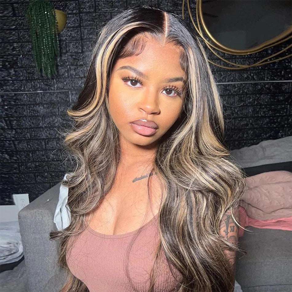 ZSFOQQ Hair 1b/27# Highlights Black/Honey Blonde Brazilian Body Wave 5*5/13*4 Lace Wig Pre Plucked.