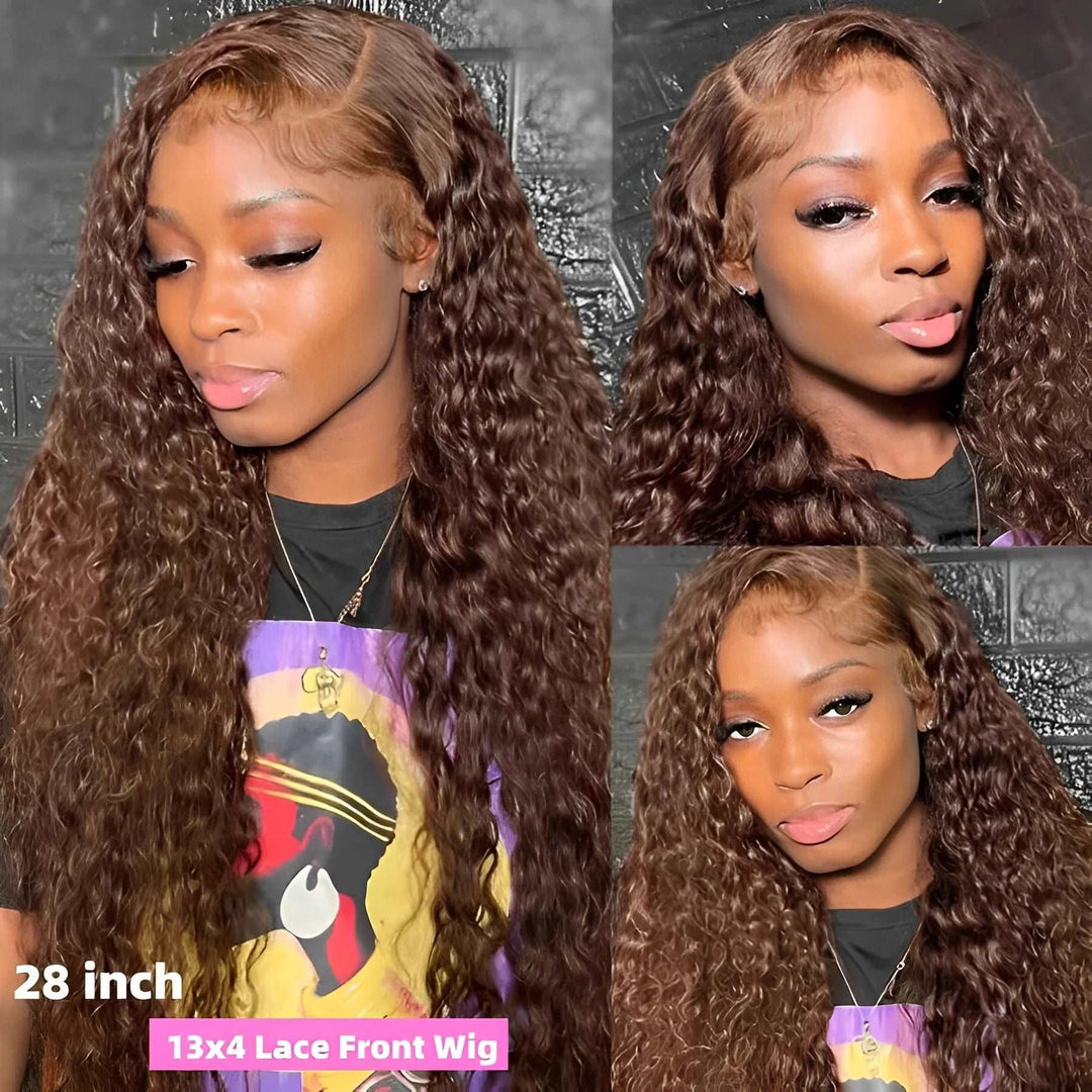 ZSFOQQ Hair 4# Brown Brazilian Water Wave Curly Wavy Lace Wig Pre Plucked.