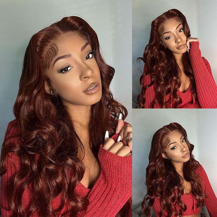 ZSFOQQ Red Brown Wig 13x4 HD Lace Front Wig Body Wave Wig Dark Reddish Brown Wig