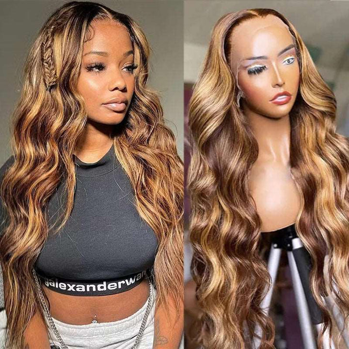 ZSFOQQ Body Wave Hair Honey Blonde Highlight 13x4 Hd Transparent Lace Front Wig 100% Virgin Human Hair Wig