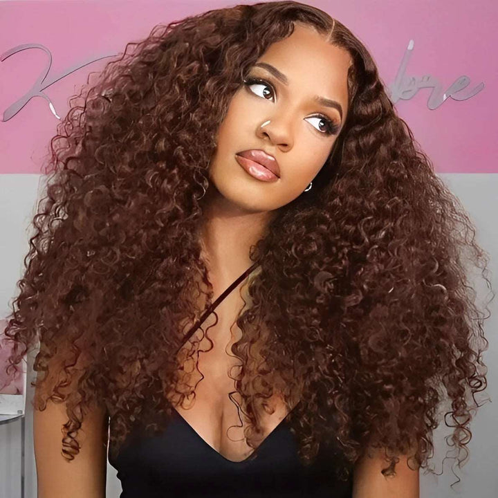 ZSFOQQ Hair 4# Brown Brazilian Water Wave Curly Wavy Lace Wig Pre Plucked.