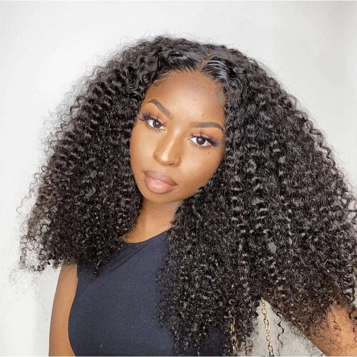 ZSFOQQ Hair Kinky Curly 13*4 Transparent Lace Frontal Wig Unprocessed Human Virgin Hair Wigs Natural Black.